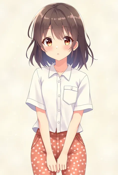 Anime girl in polka dot pants and a white button down shortsleeved shirt 