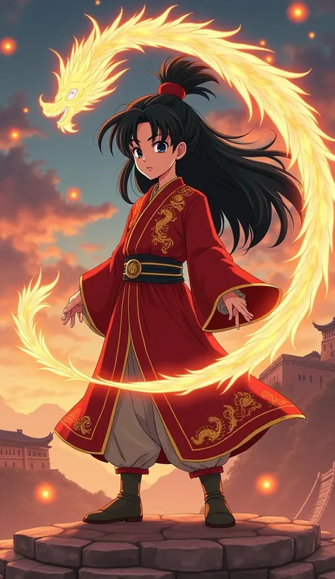 A mystical fighter with long black hair tied in a topknot, wearing red and gold robes with dragon motifs. They control an energy dragon spiraling around them. The background includes the Great Wall and lantern-lit skies. Style: Anime from Dragon Ball Z.