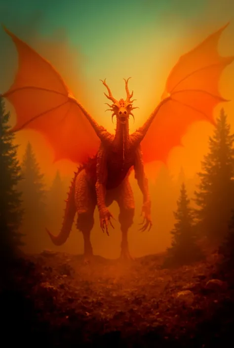  A western dragon .  Large and majestic with spread ,  translucent wings .
 dark red to orange scales ,  that reflect light .
 Long curved tail ,  that looks dynamic .
 head with clearly discernible horns or bone projections .
 Wide wings ,  translucent wi...