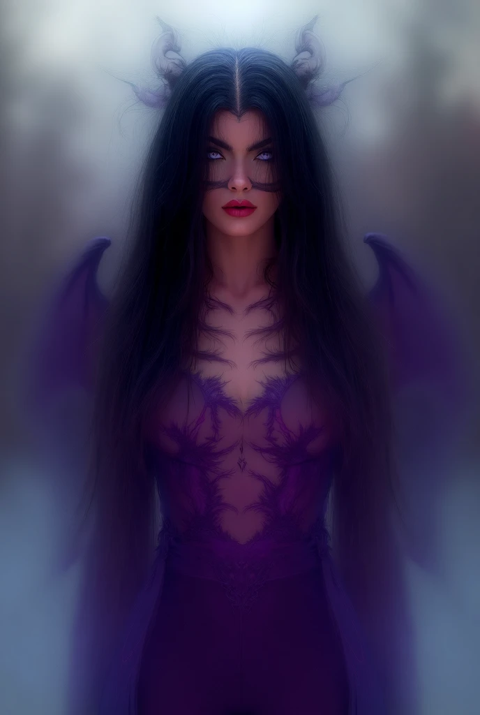 (8k, RAW photo, best quality, masterpiece:1.2) A woman, half back long black hair, purple eyes, long eyelashes, large red lips, medium natural breasts, red nails, in purple demon outfit, with demon horns and wings, posing on the street