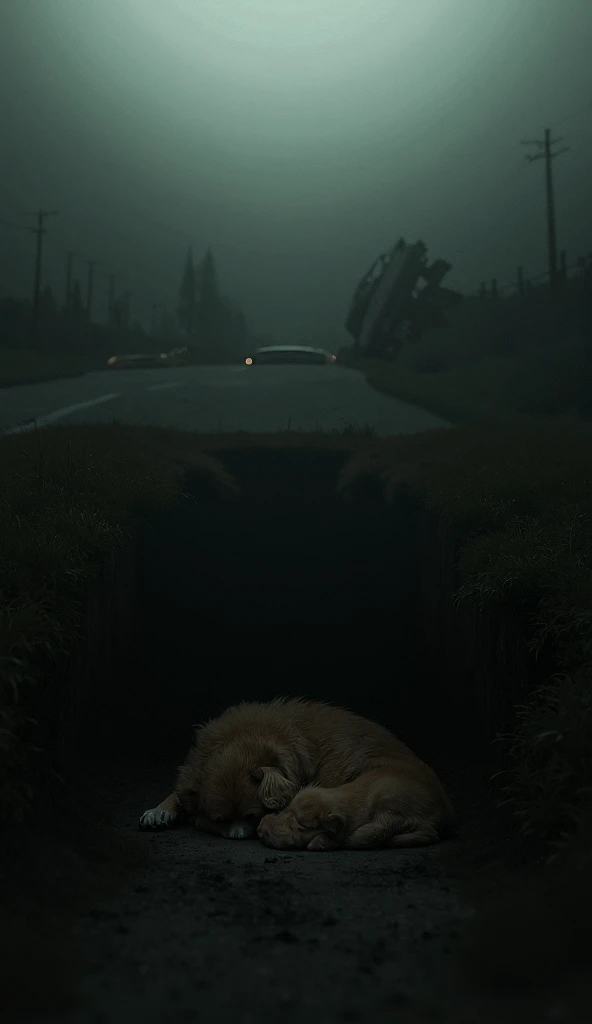 an adult dog looking sadly at her puppy sleeping inside a hole on the side of a road and in the background a car turned upside down as if it had hit something
