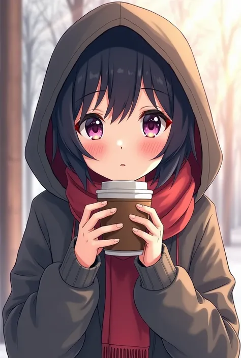 anime girl in winter outfit holding a cup of coffee, an anime drawing by Jin Homura, trending on pixiv, realism, anime visual of a cute girl, anime moe artstyle, black haired girl wearing hoodie, black - haired mage, in an anime style, artwork in the style...