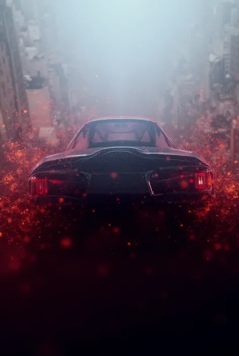 A drift car on the side ,  it is black with red headlights with red sparks coming out of the tires,  the car is at the top of a hill with a city in the background 