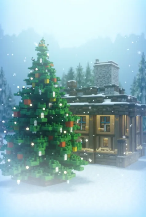 A minecraft style Christmas Tree with a loghouse in the background