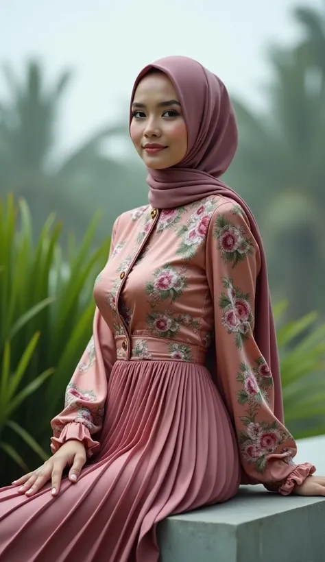 A woman wearing a hijab with plump breasts and a flowery shiny satin shirt with wide guipure sleeves and a pleated guipure skirt is sitting on the edge of the wall and the plant background and looking at the camera from the side view and cloudy weather