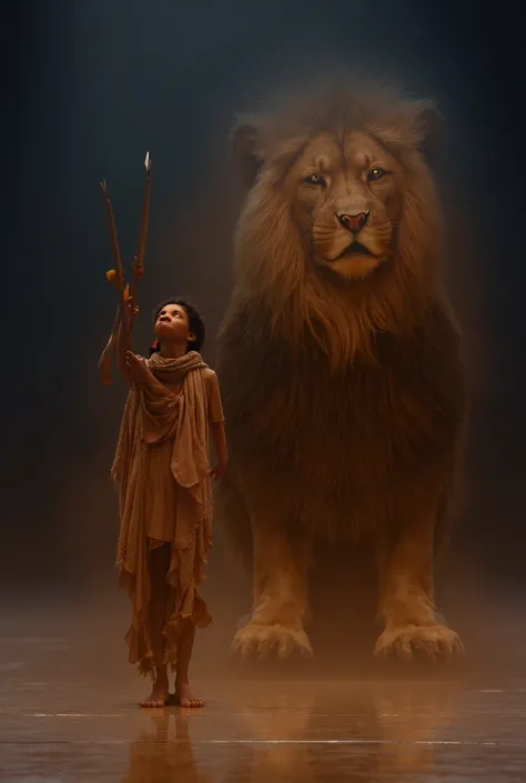 an ethiopian girl holding arrow standing beside puppy turned into lion in front of American goat talent the contet has to be video
