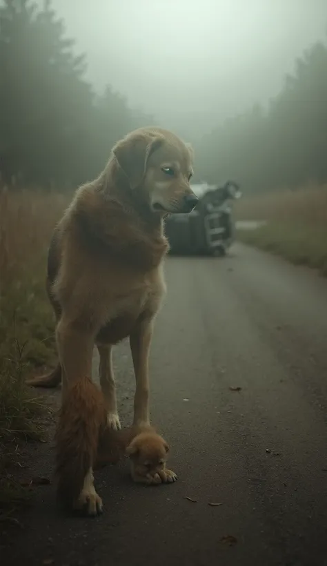 an adult dog looking sadly at her puppy sleeping on the side of a road and in the background a car turned upside down as if it had hit something
