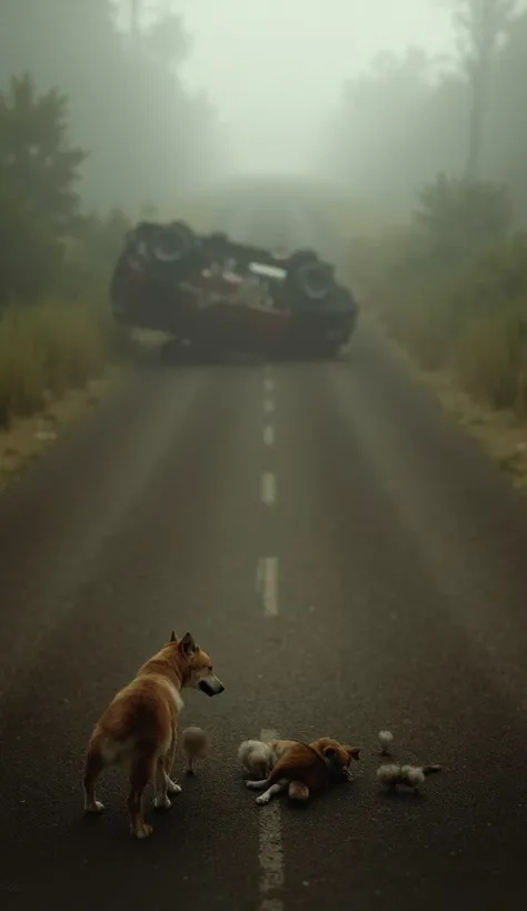 an adult dog looking sadly at her puppy sleeping on the side of a road and in the background a car turned upside down as if it had hit something
