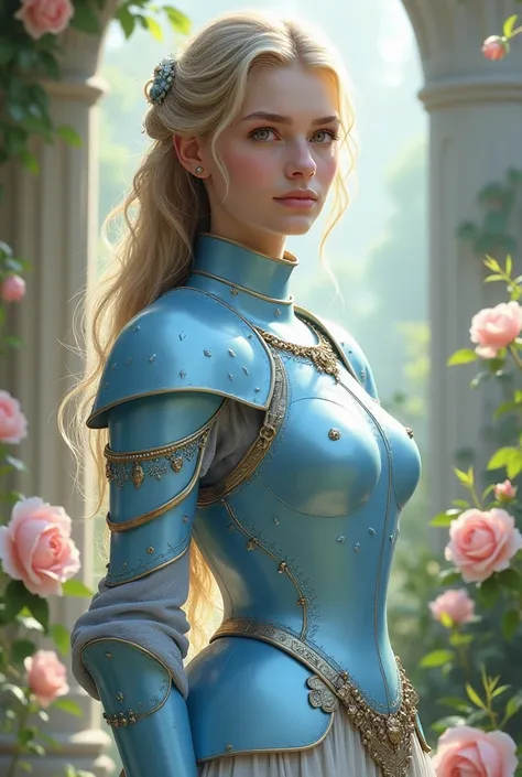  Blonde female figure wearing light blue medieval armor , Rosa e Flores . the piece has detailed shoulder pads  ,  breastplate and shield  .  odesing elaborate delicate and transparent rivets in the belly area. The setting is serene and soft .