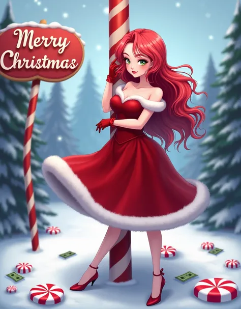 Prompts: full view image of a snow covered North Pole with pine trees in the back, peppermint candies and money scattered on the ground, that has a festive female character who is hugging a red and white striped skinny pillar with her arms. She has long, l...