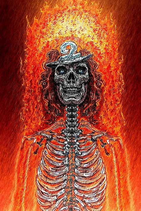  Generate a drawing in the style of Marvel comics ,  where a skeleton of a woman wearing a fire helmet emerges (On the helmet that a 2 ),  in the background I would like there to be a forest fire ,  appears that the skeleton is white and the 2 is blue .