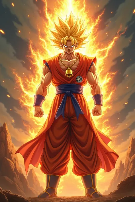 Goku is going super Saiyan, he is enveloped in an evergy aura during his magical transformation and had a red cloak with golden bells being blown by the wild energy, necklace of golden bells
