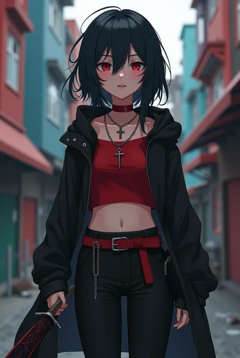 Youthful anime girl wearing 1 chain cross necklace, red belt, black pants, red crop top, red choker, edgy black wool coat with a hood down. Loose black hair, expressive, clear red eyes with dark sclera, dark, iredescent skin. Abandoned city streets, 4k, hi...