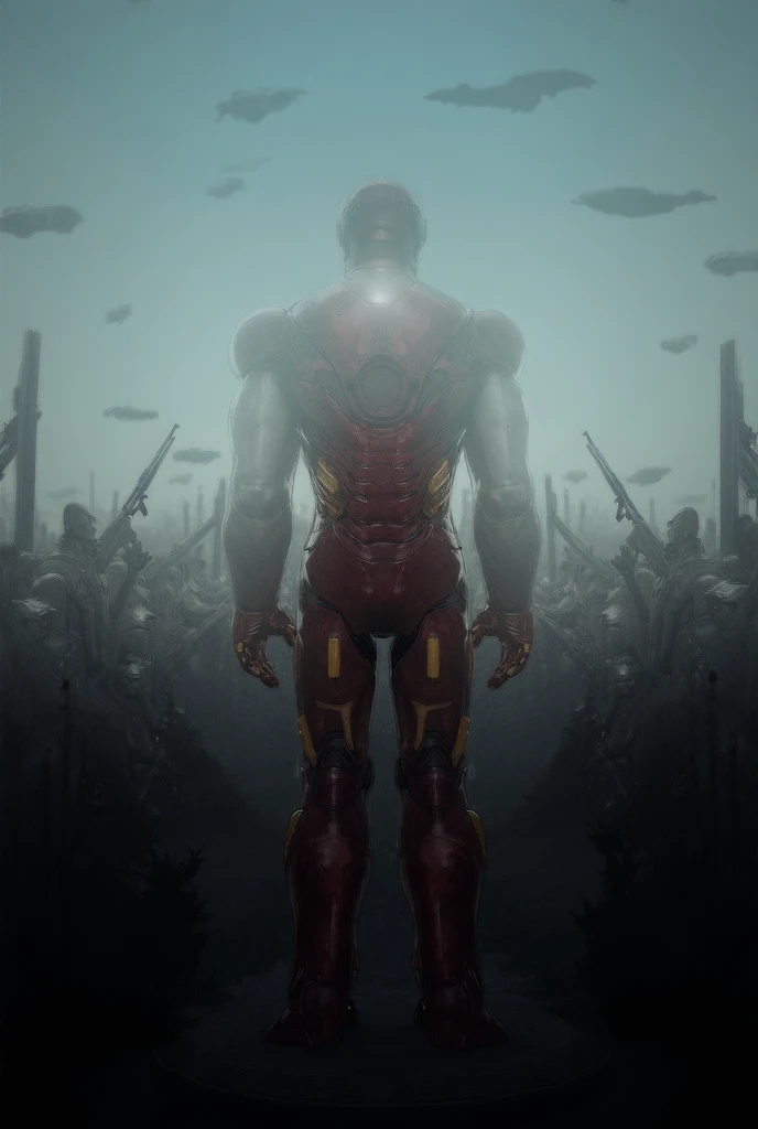 Iron Man facing a horde of mind-controlled soldiers: A scene of Iron Man standing tall, surrounded by soldiers with blank expressions. They are armed and moving in a coordinated, robotic manner. The sky is dark, and alien ships hover above, preparing for a...