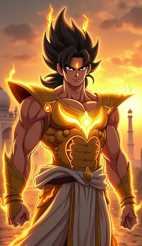 A character male with glowing golden armor adorned with lotus and peacock feather designs. Their weapon is a trident made of energy, and they have a mystical third eye glowing on their forehead. The background features the Taj Mahal at sunset. Style: Anime...