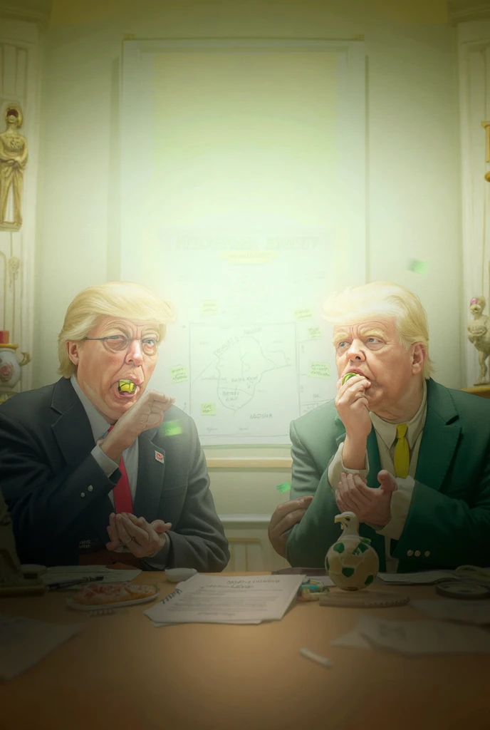 "Donald Trump and Jair Bolsonaro are seated in a brightly lit office filled with quirky decorations, like a golden eagle statue wearing sunglasses and a miniature soccer ball on the table. Trump, in his signature suit and red tie, holds a whiteboard marker...