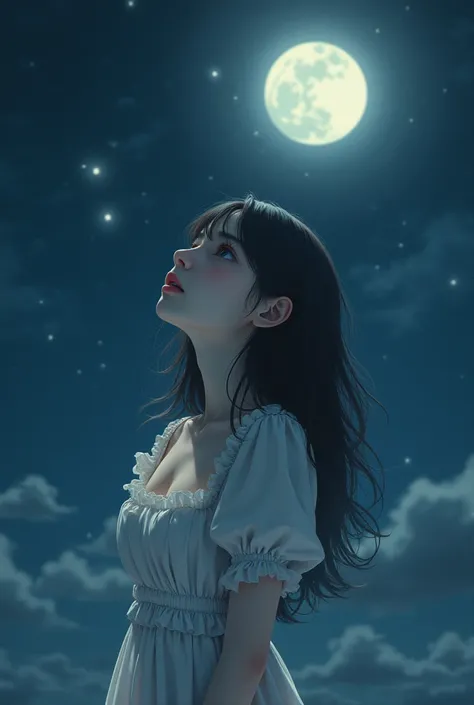  looks at the moonlit night sky、Fair skin、Big Breasts、Angel、Lolita、A girl with a sad face 