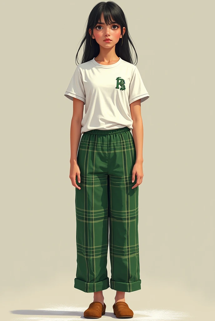 Create a image of a Mexican dormitory military female school uniform. White t-shirt with school initials. Green plaid pajama pants. brown slippers.