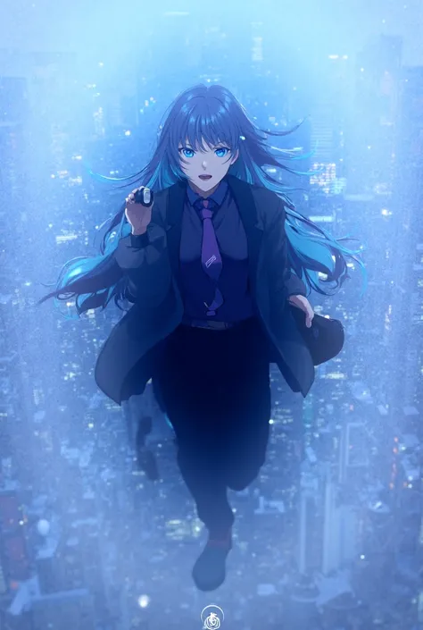 Make a female anime long upper black and lower blue hairs cyan eyes black coat and pant purple tie running and take a gun his hand and camera angle on top beautiful city background 8k quality image