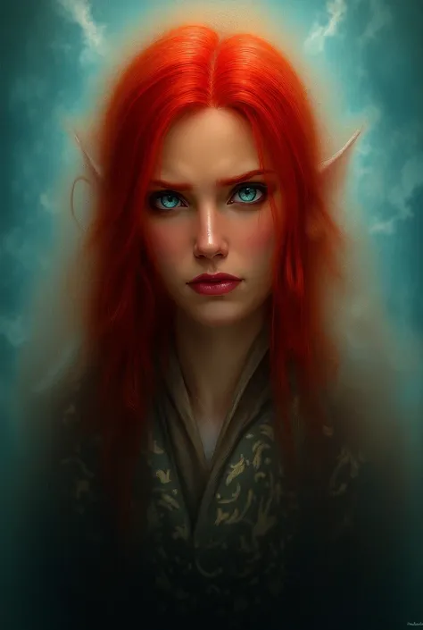  Elf woman with red hair and greyish blue eyes,  irritated expression  , wearing an elf outfit ,