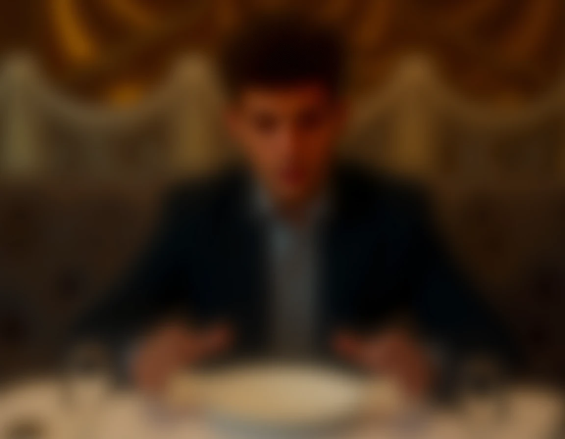  This guy is sitting in an expensive restaurant a picture from a forward angle of a very classy and stylish man eating this separate, young man has cutlery in his hands but his front dish is empty 