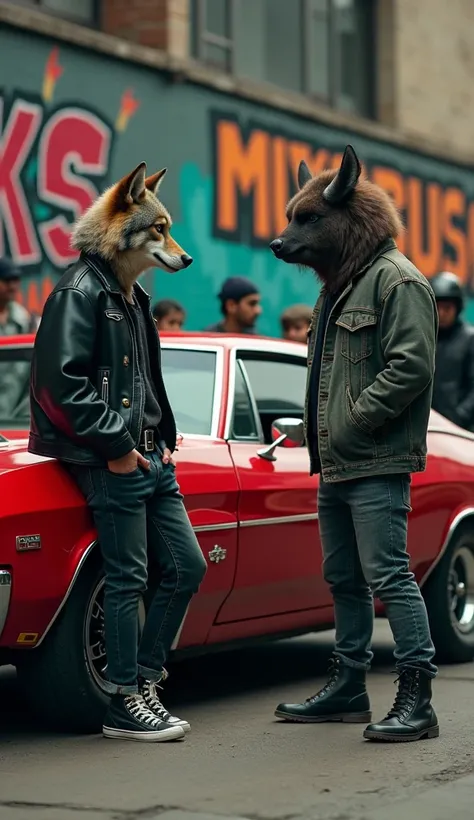 **Prompt:**  

An ultra-realistic action scene set in a gritty urban environment. A young humanoid wolf, tall and styled as a rebellious rapper, leans casually against a gleaming red 1971 Chevrolet Opala. He wears a black leather jacket with silver accents...