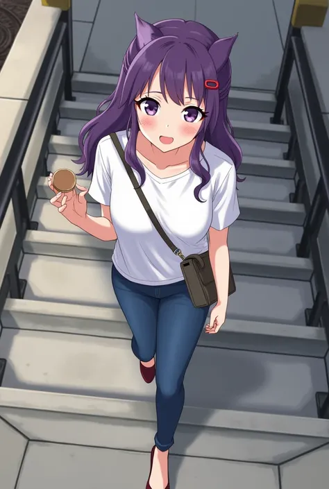 (1girl solo:1.2), cowboy shot (dutch angle from above:1.2), looking at viewer, throw,
(walking on stairs:1.2) in train station platform, railing, white t-shirt, jeans, shoulder bag strap between breasts paisura,
purple (wavy hair:1.2) medium, half updo, ea...