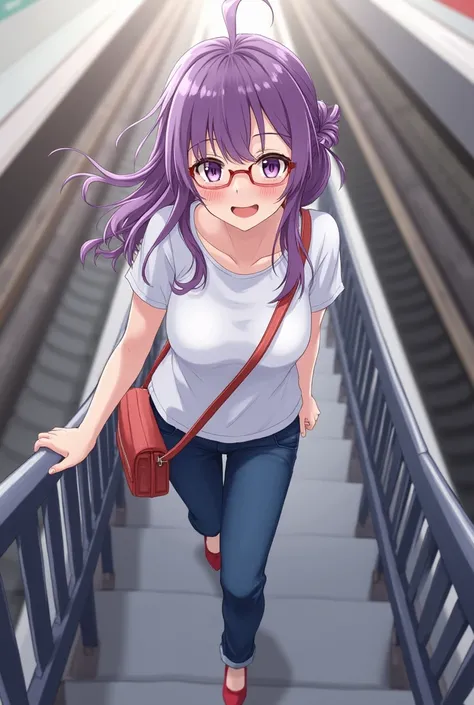 (1girl solo:1.2), cowboy shot (dutch angle from above:1.2), looking at viewer, throw,
(walking on stairs:1.2) in train station platform, railing, white t-shirt, jeans, shoulder bag strap between breasts paisura,
purple (wavy hair:1.2) medium, half updo, ea...