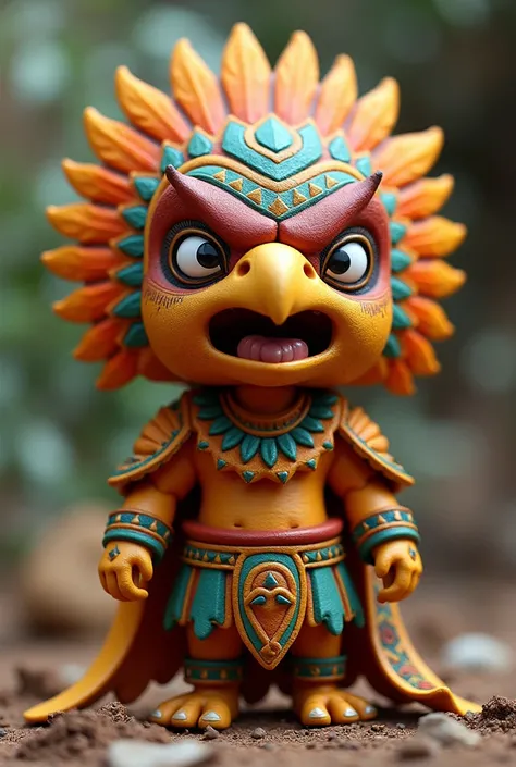  A vinyl art toy , Of an Aztec eagle warrior with Xihucoatl,  synthetic and rounded shapes,  cute and tender but angry , Bublee Head , Big-headed  