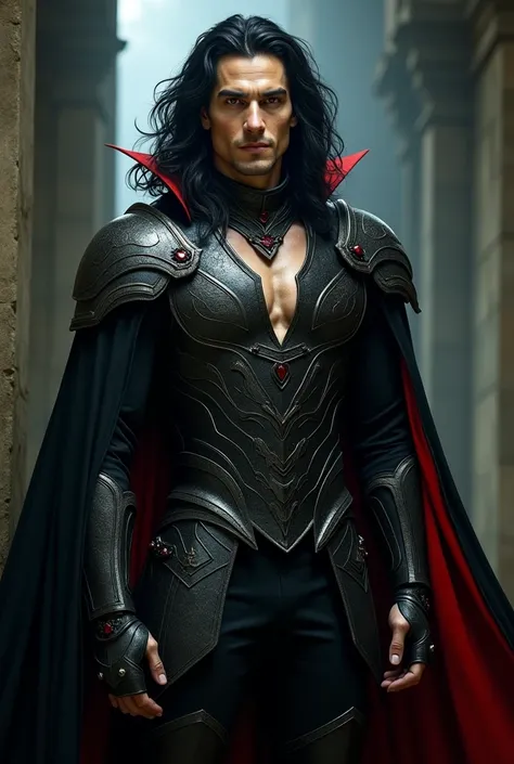 vampiro, man, muscular, beautiful,  red eyes ,  black hair, Armor 