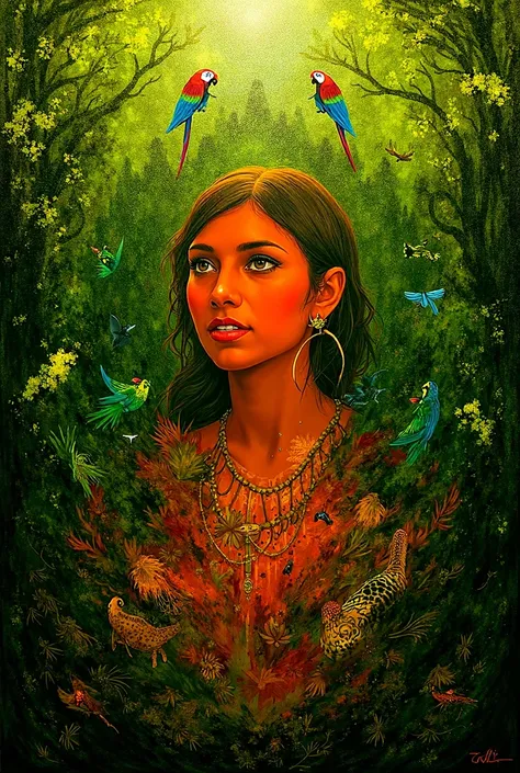 abstract painting of young indigenous woman in the jungle with parrots rivers plants 