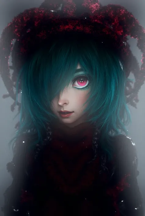 A furry girl ,  jester cap color black and red ,  hair covering left eye ,  water green hair ,  clothes color black with red in sizes,  pink eye 