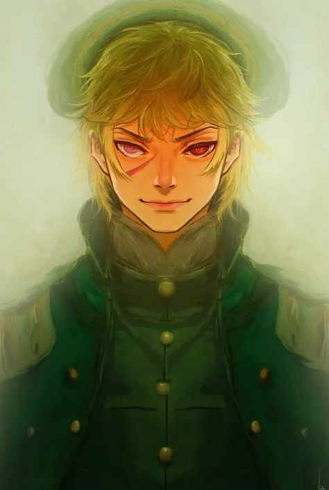 Make a blond tall handsome young man, with a knife scar on his left eye, wearing a green napolionic uniform, with a green napolionic hat, anime style, 4K resolution art style. 