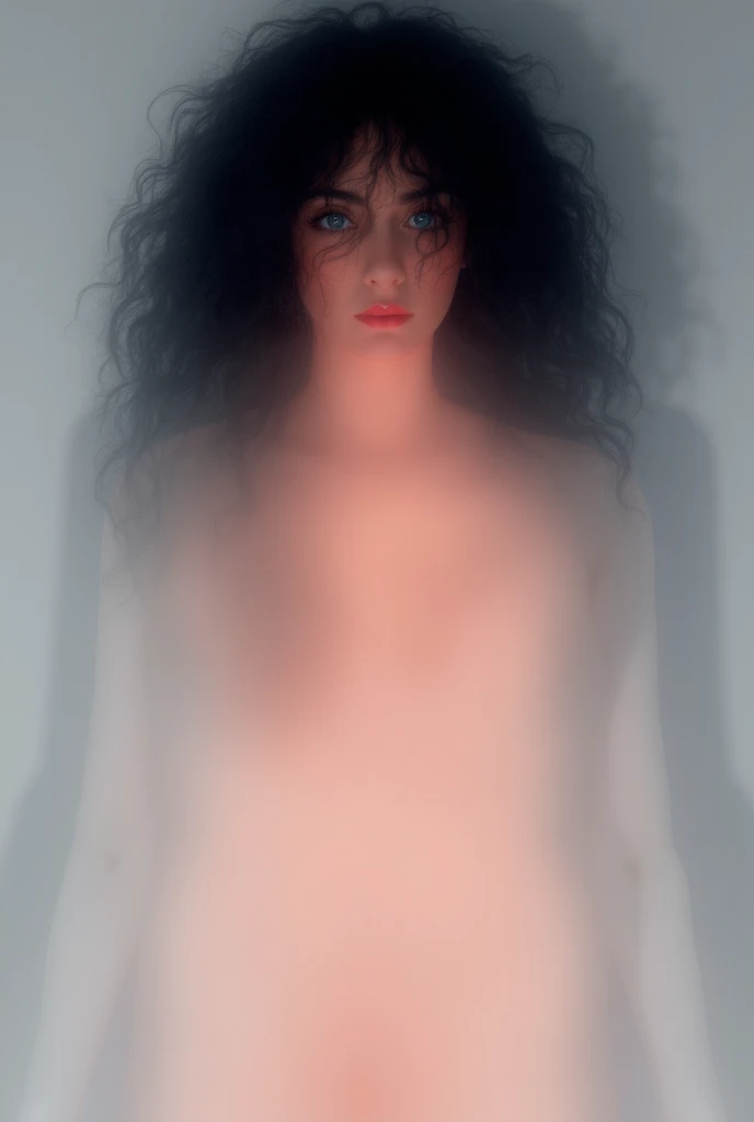 white woman, black curly hair, blue eyes, completely naked, perfect body, sexy, big ass, big breasts, camera is behind her. realistic, anime, high resolution