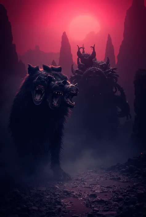 A chilling gothic scene set in a dark and twisted underworld. In the foreground, a three-headed dog with glowing red eyes stands menacingly, each head snarling and revealing razor-sharp teeth. The fur is matted and bristling with an otherworldly energy, wh...