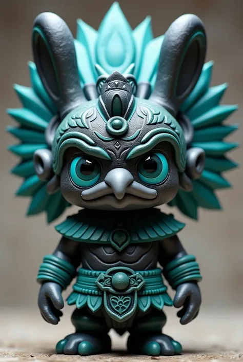  A vinyl art toy ,  of a warrior wearing an Aztec eagle helmet with Xihucoatl,  synthetic and rounded shapes,  cute and tender but angry , Bublee Head , Big-headed , in bright black and gray colors in turquoise .