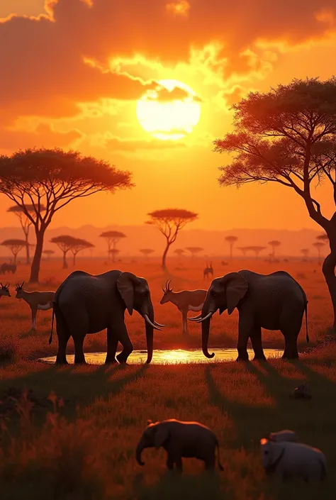 The African savannah with animals in the background under a sunset 