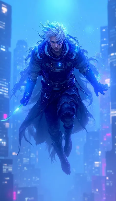 A male cyberpunk warrior in a futuristic anime world, inspired by samurais and advanced technology. He wears sleek, lightweight armor with neon blue and violet accents, combined with dark, weathered fabrics. His face exudes courage and determination, with ...