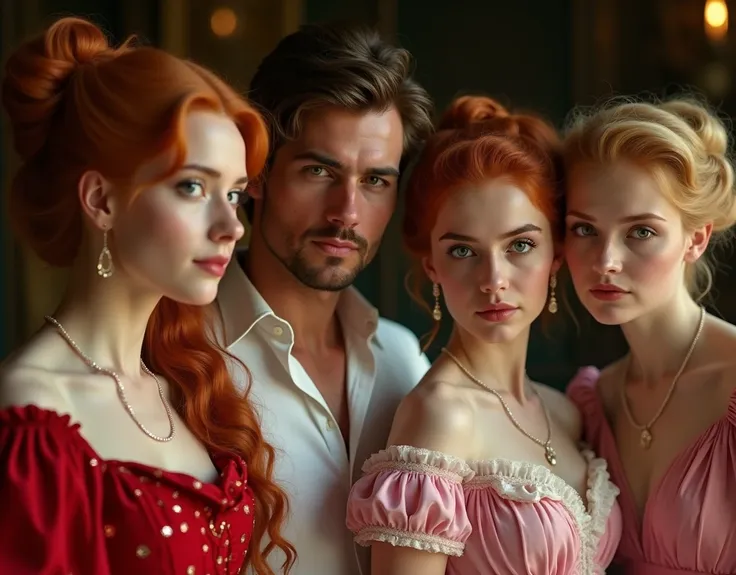 a close up photo of four people, brunette man in the middle wearing white shirt, two red haired girls in red 19th century dresses, one blond haired girl in pink dress, girls have buns, jewelry, luxury dresses,high quality, photorealistic, 8k, extremely det...