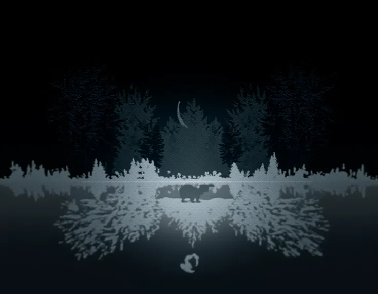 A calm and simple black and white design featuring a forest scene. The illustration shows the silhouette of tall evergreen trees forming a dense forest background with a moon above. In the foreground, the silhouette of a bear walks across a flat surface, m...