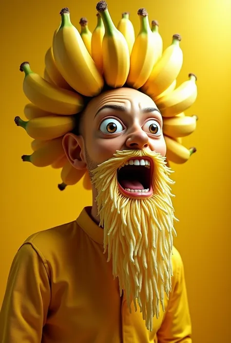 Create a surreal portrait of a humanoid character with a banana-themed design. The figure has bananas sprouting from their head like a crown and a long, textured banana-like beard. The characters face is expressive, with a wide-open mouth and intense eyes....