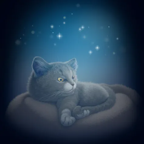 Milo, the small, fluffy gray cat with white paws and a little white patch on his chest, lay curled up on his soft, round bed by the window. The silver glow of the moonlight spilled gently into the room, lighting up his cozy corner. His golden eyes sparkled...