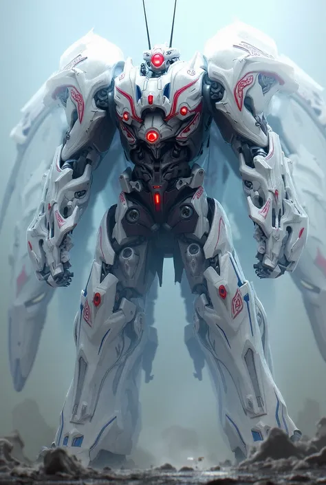 (anime) an heavily armored evangelion unit, primary color white with red and blue line pattern, with three spider like red eyes, 