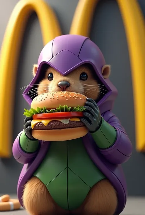  A marmot wearing an Evagelion unit 1 costume eats a hamburger　McDonalds logo on the background 