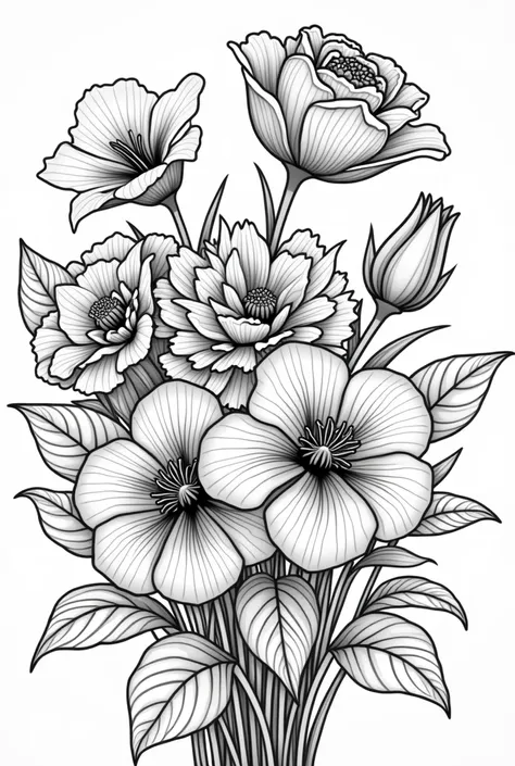 Coloring page of a bouquet of flowers with 2 geraniums, a carnation, a tulip and a rose