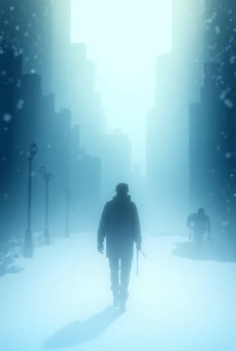 a man how walking alone in a city with snowing 