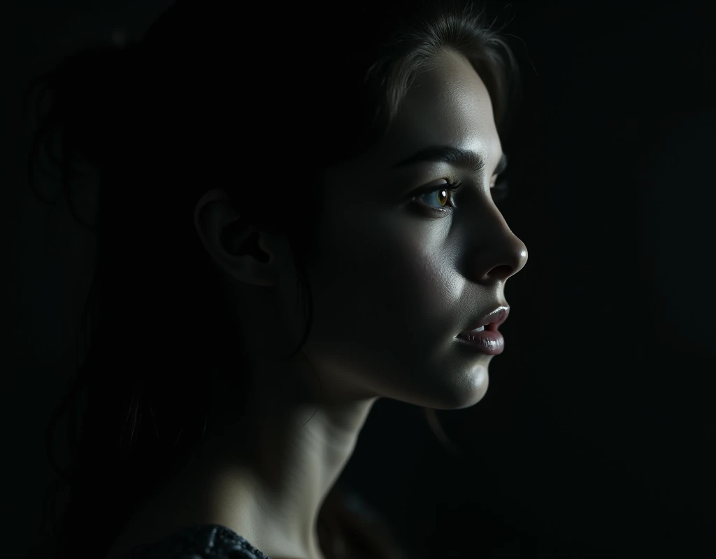 a beautiful young woman, in profile, dark tones, white and black, detailed eyes, detailed lips, extremely detailed face, photorealistic, 8k, masterpiece, chiaroscuro lighting, moody atmosphere, dramatic shadows, cinematic style, gothic, dark fantasy