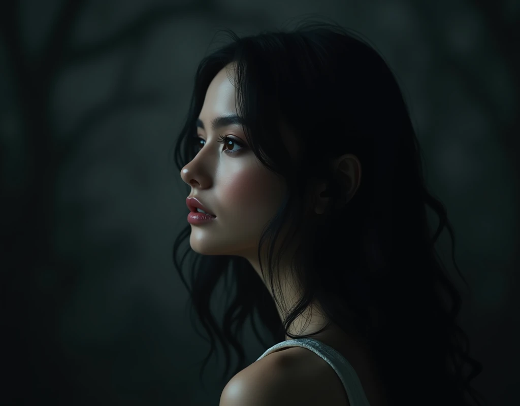 a beautiful young woman, in profile, not conspicuous, dark tones, white and black, detailed eyes, detailed lips, extremely detailed face, photorealistic, 8k, masterpiece, chiaroscuro lighting, moody atmosphere, dramatic shadows, cinematic style, gothic, da...