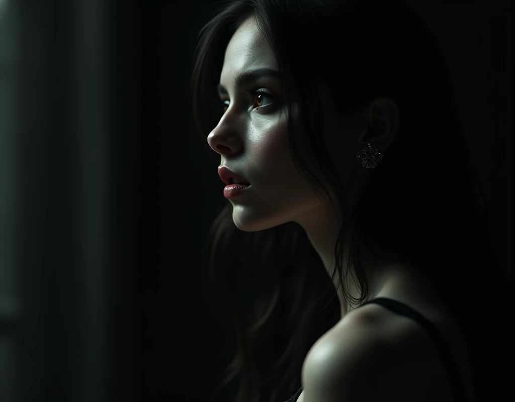 a beautiful young woman, in profile, dark tones, white and black, detailed eyes, detailed lips, extremely detailed face, photorealistic, 8k, masterpiece, chiaroscuro lighting, moody atmosphere, dramatic shadows, cinematic style, gothic, dark fantasy