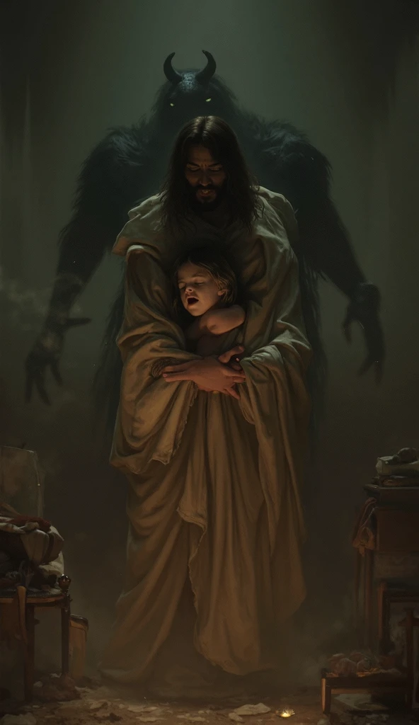 Jesus with a  in his arms protecting him from the black demon as if it were a scary figure rens room scenario.